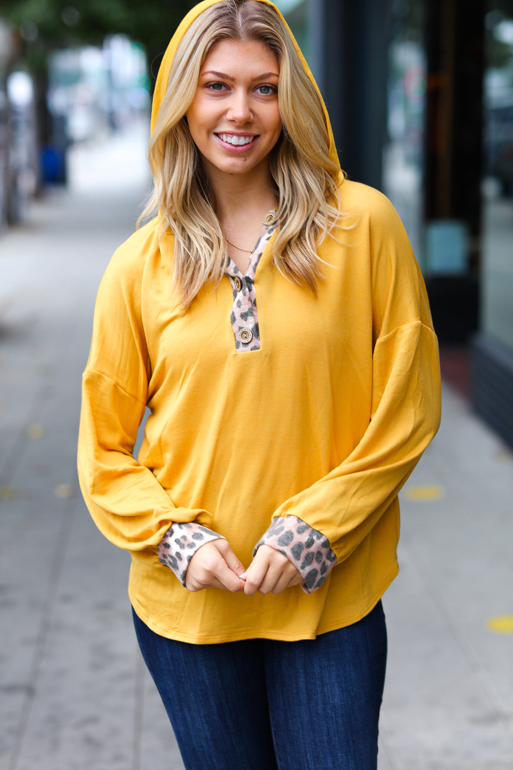 Mustard Leopard Print Button Placard Terry Oversized Hoodie