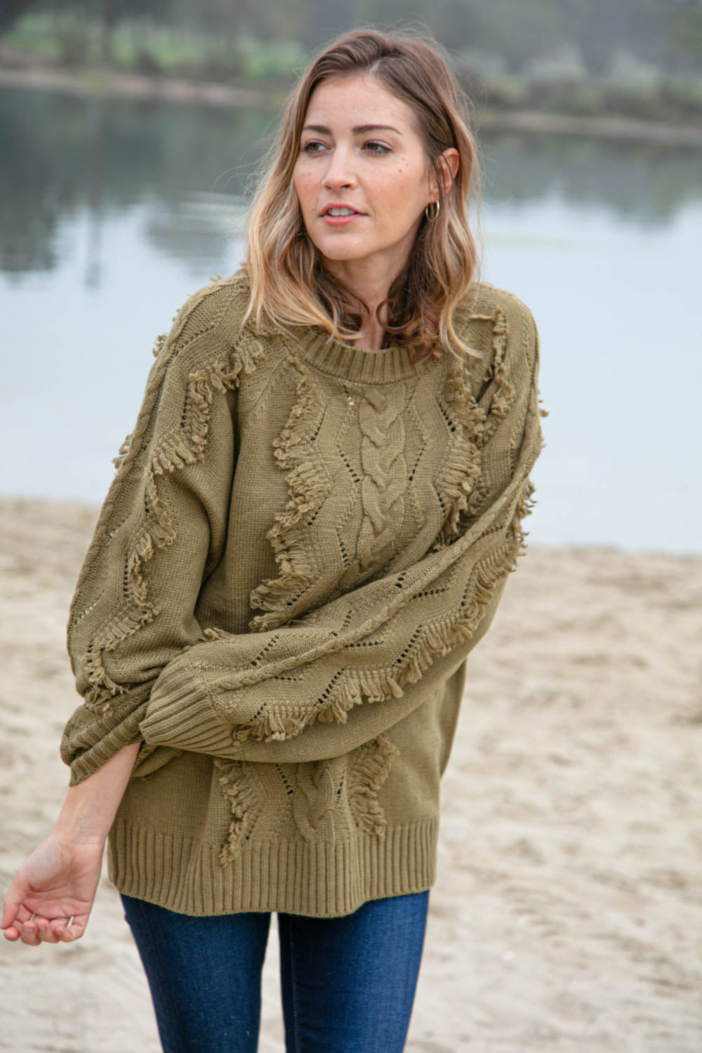 Olive Cable and Fringe Tassel Braided Sweater