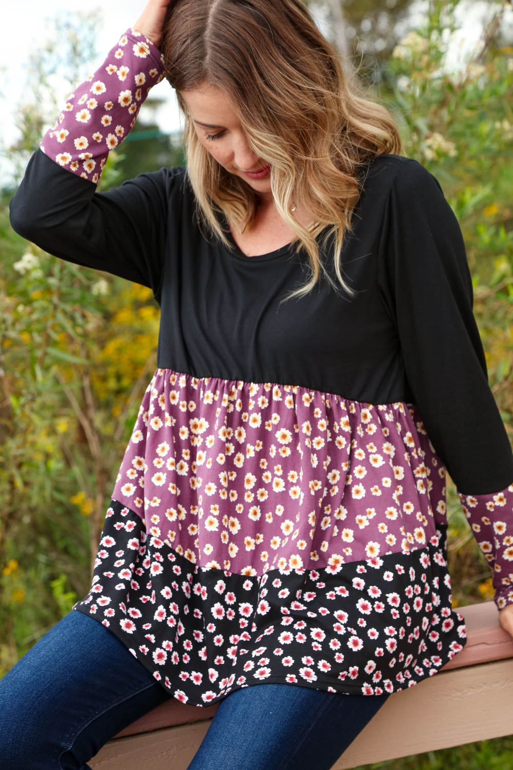 Babydoll Floral Block Tiered Long Sleeve Top