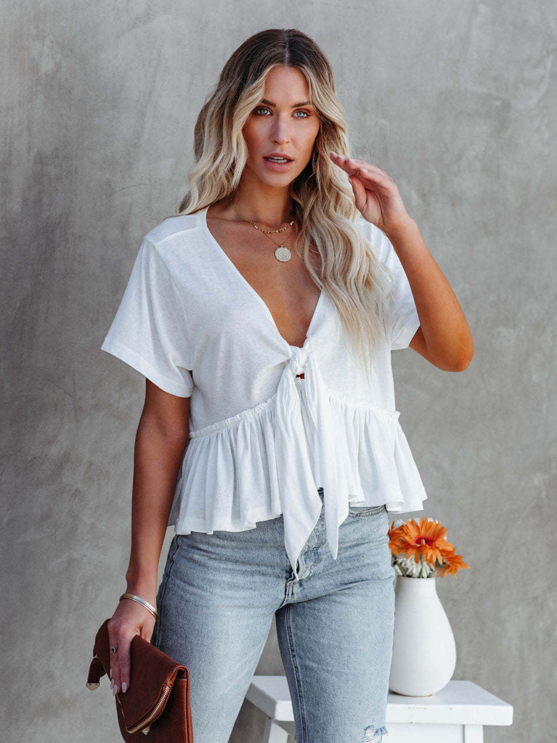 Tied Plunge Short Sleeve Blouse