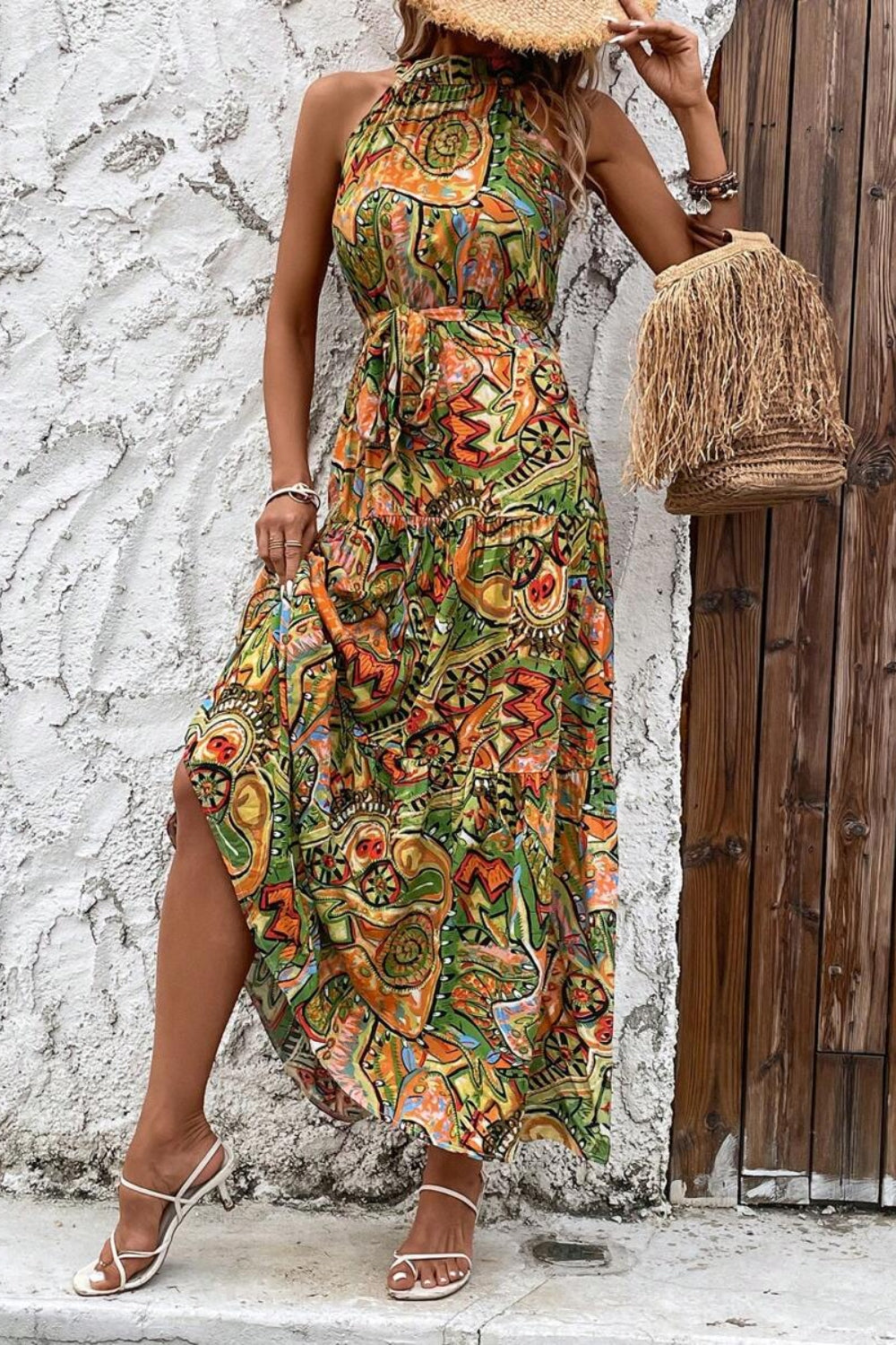 Tied Slit Floral Sleeveless Dress