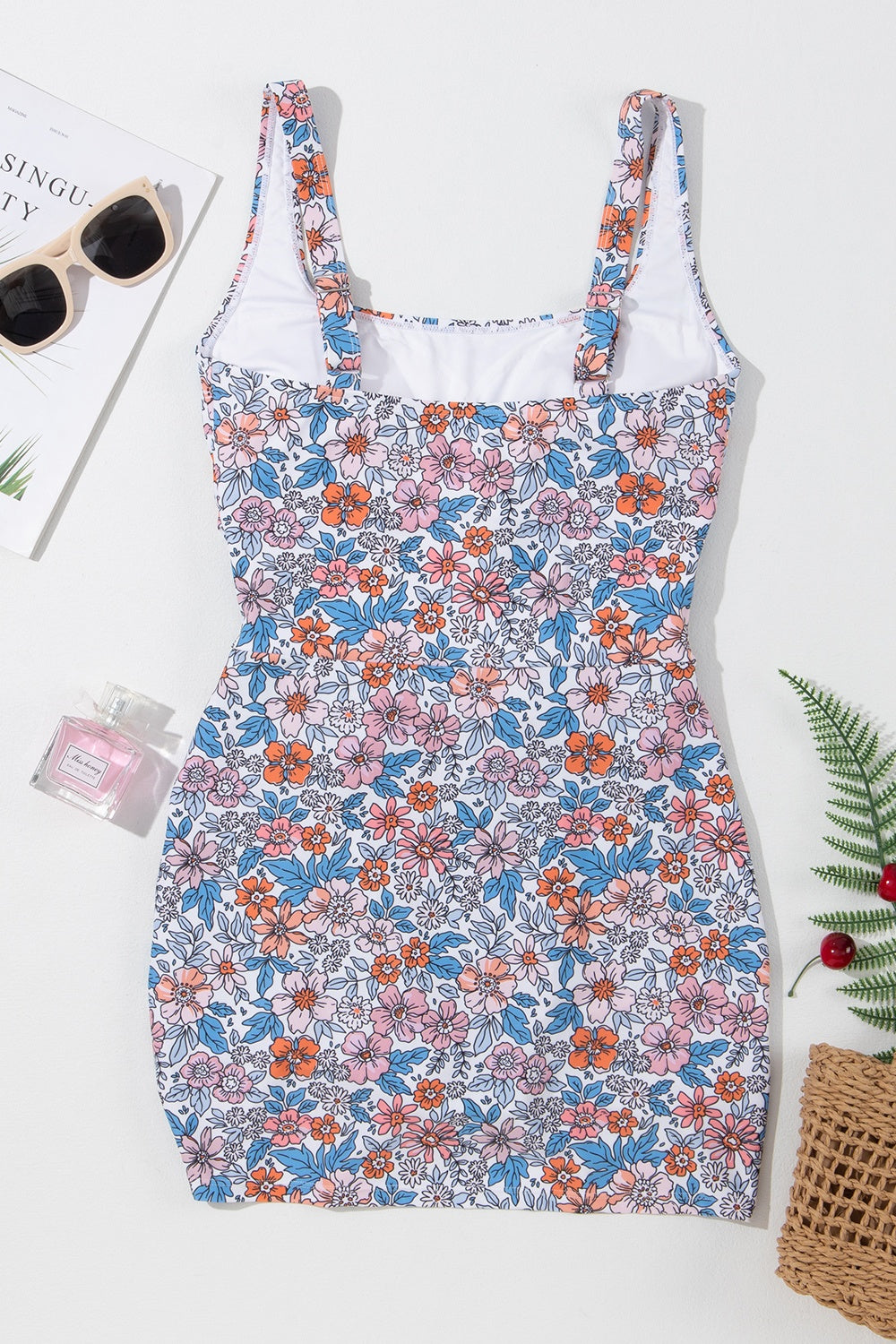 Drawstring Printed Wide Strap Swim Dress