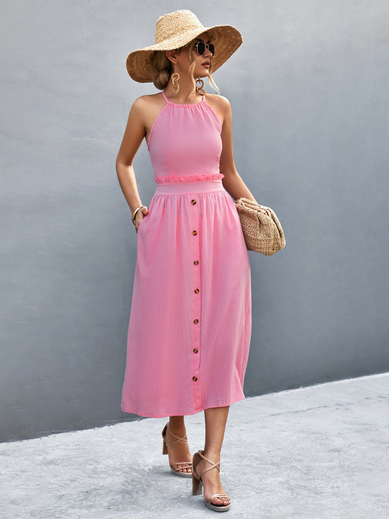 Buttoned Halter Neck Frill Trim Midi Dress