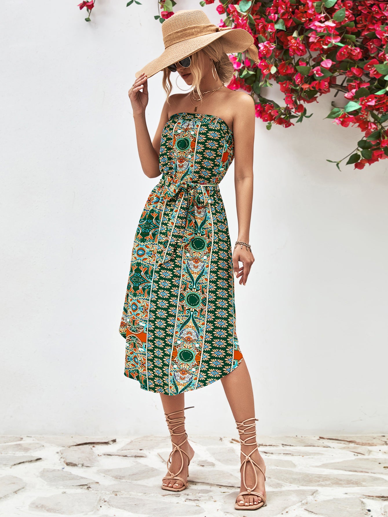 Printed Strapless Tie Belt Dress