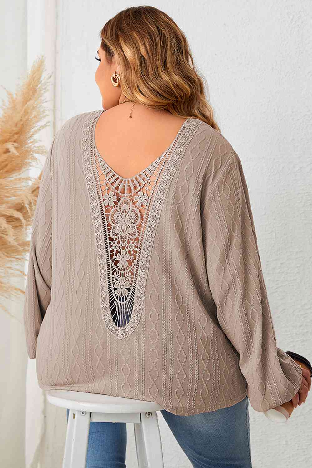 Plus Size Lace Detail V-Neck Long Sleeve Blouse