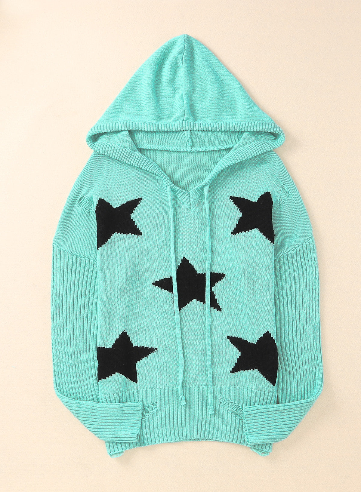 Star Distressed Slit Hooded Sweater