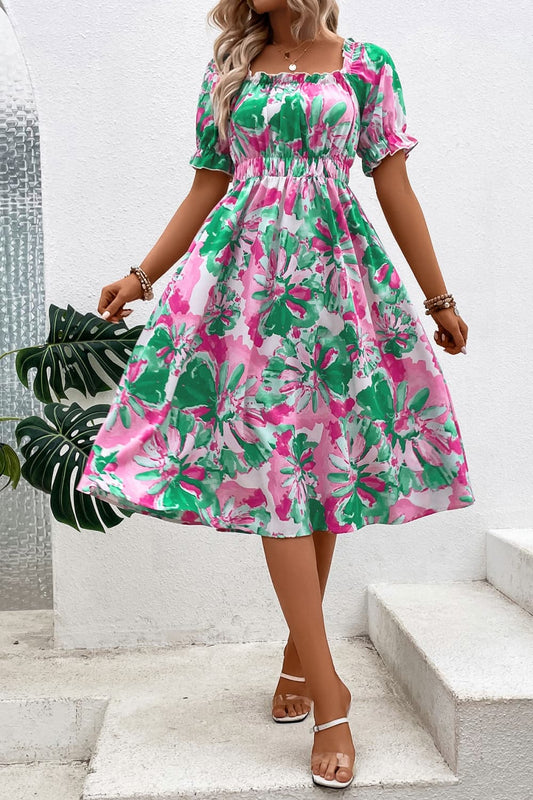 Floral Frill Trim Square Neck Dress